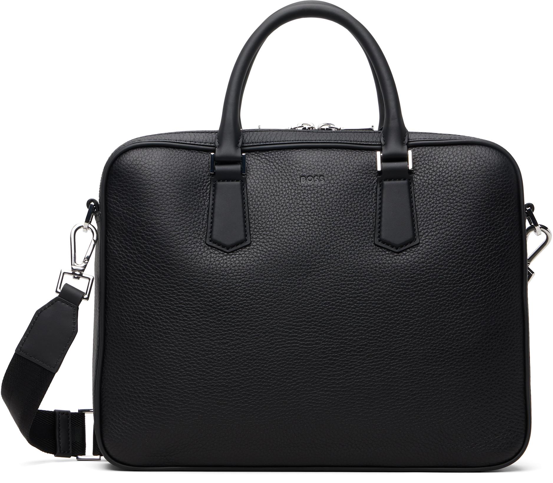 Black Leather Embossed-Logo Document Briefcase by HUGO BOSS