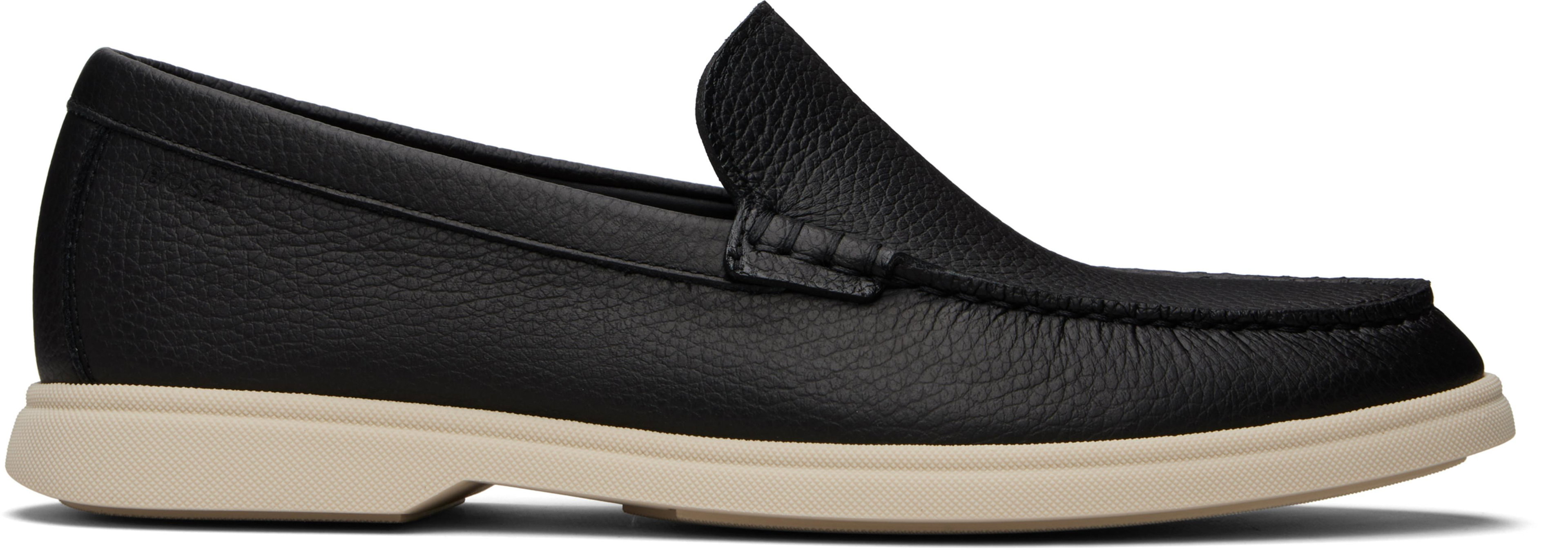 Black Logo-Detail Tumbled Leather Loafers by HUGO BOSS