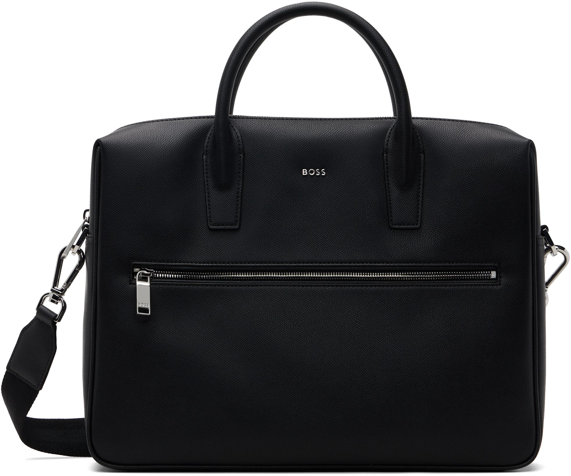 Black Logo Leather Document Briefcase by HUGO BOSS