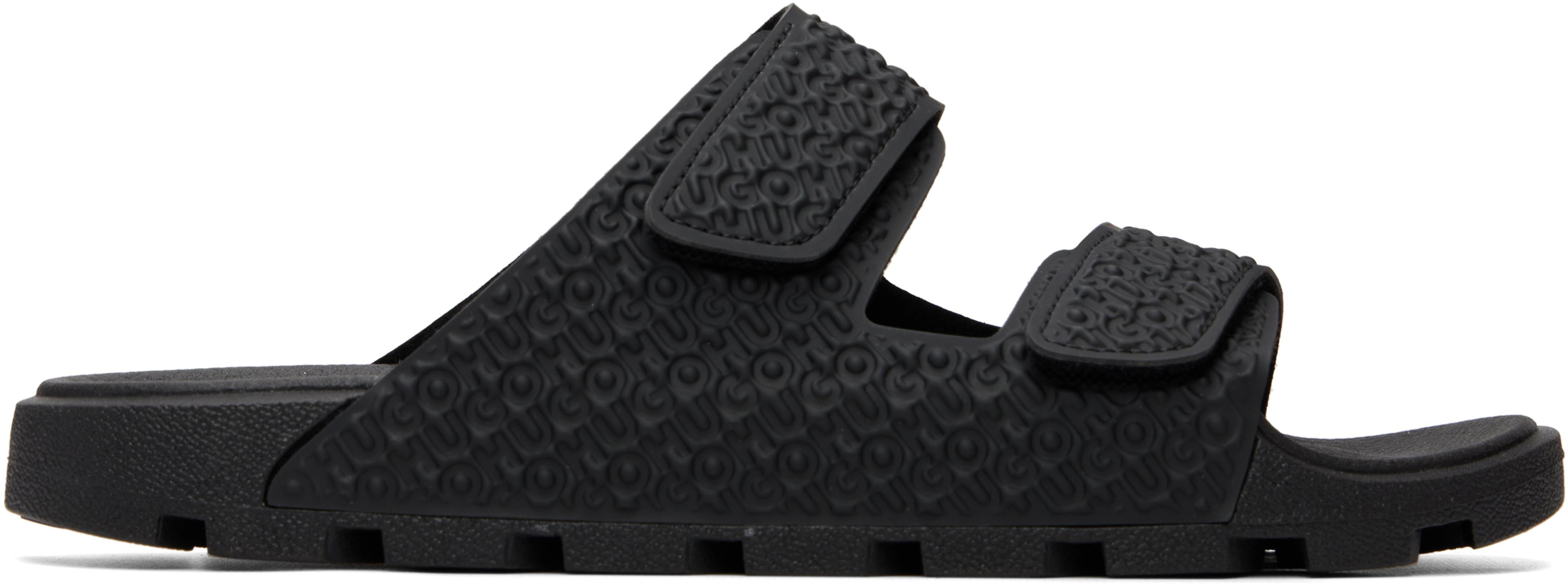 Black Monogram Riptape Strap Sandals by HUGO BOSS
