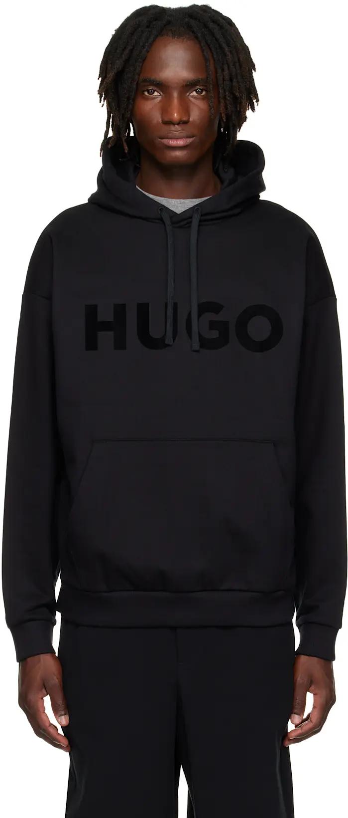 Black Oversize-Fit Cotton Terry Logo Hoodie by HUGO BOSS