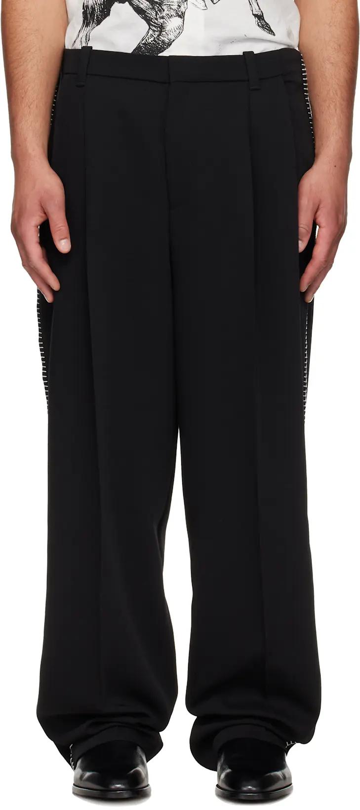 Black Pleat-Front Whipstitch Detail Trousers. by HUGO BOSS