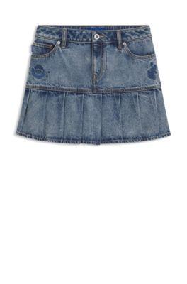 Blue rigid-denim mini skirt with half pleating by HUGO BOSS