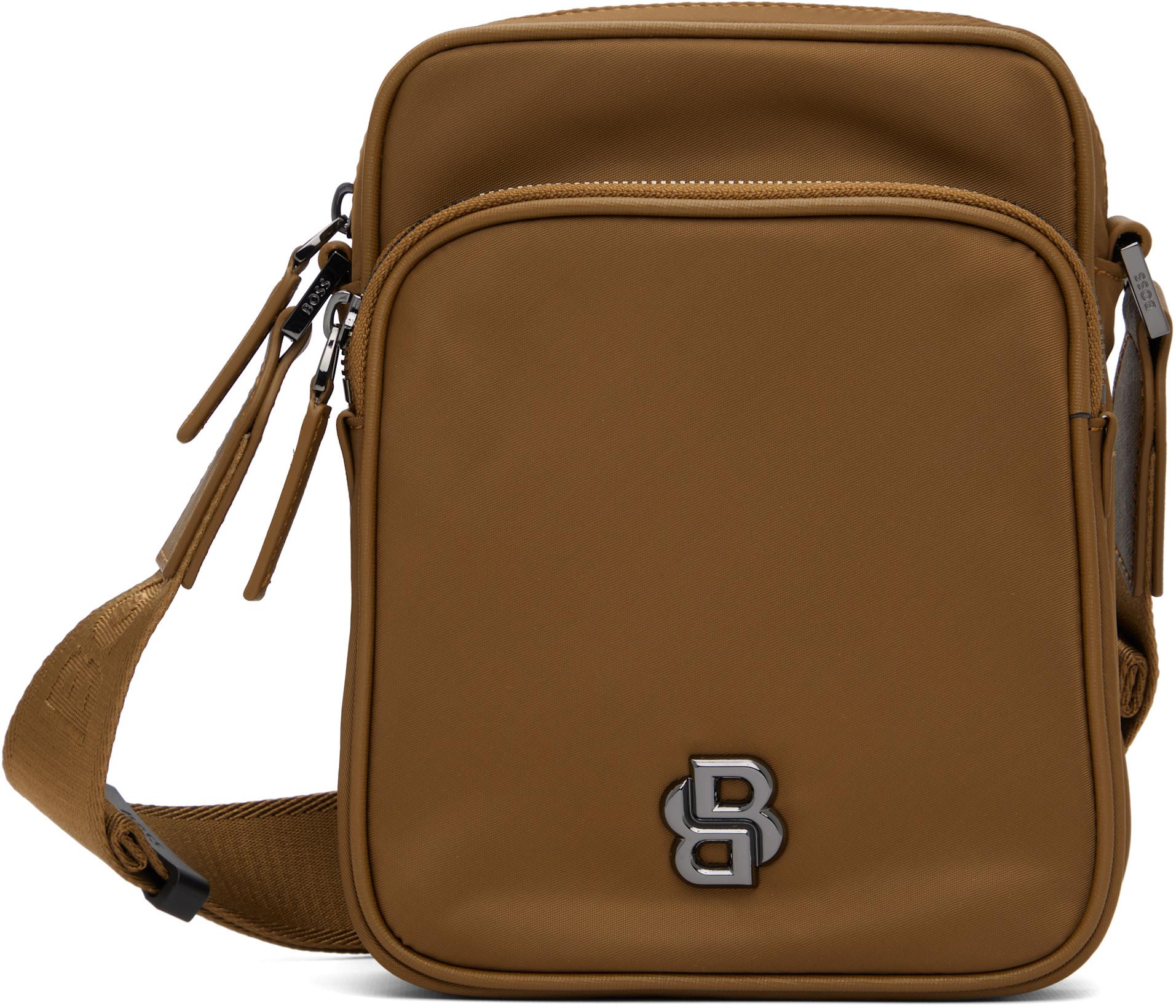 Brown Double B Monogram Twill Reporter Bag by HUGO BOSS
