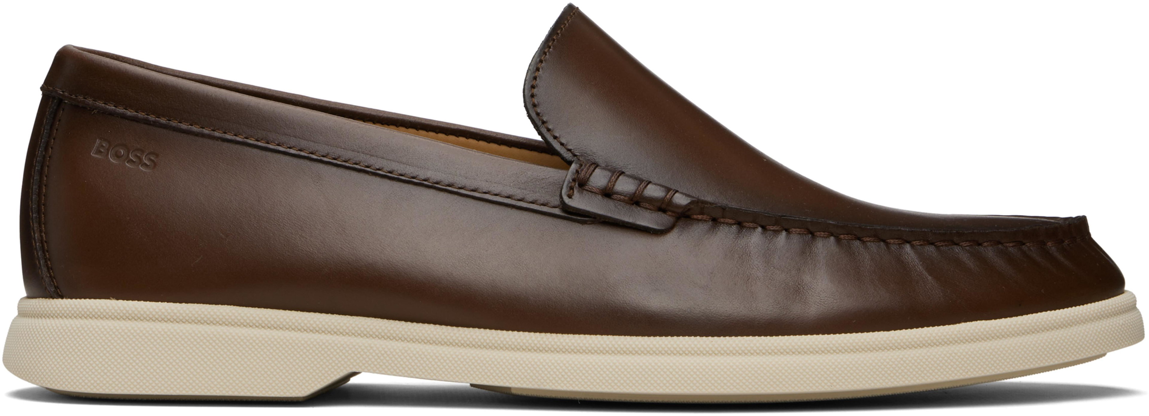 Brown Embossed-Logo Leather Loafers by HUGO BOSS