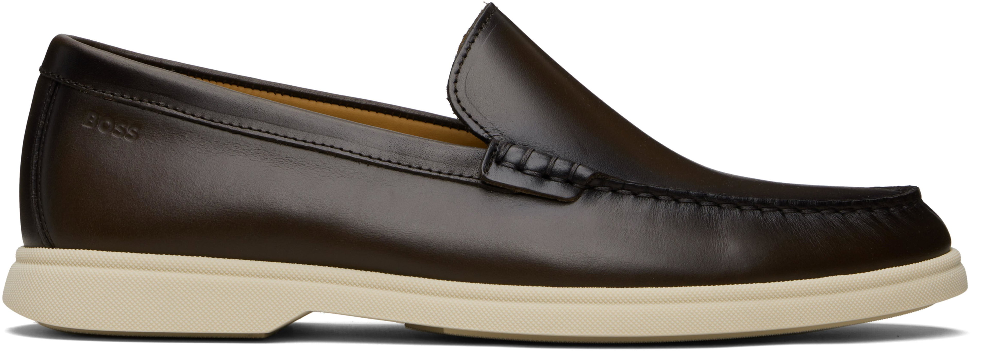 Brown Embossed-Logo Leather Loafers by HUGO BOSS