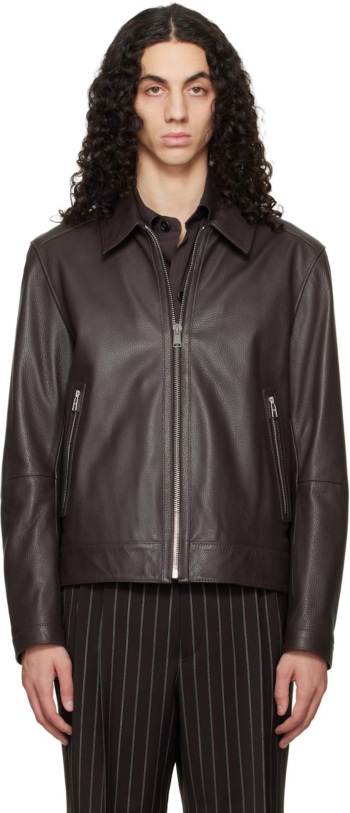 Brown Regular Fit Leather Jacket by HUGO BOSS
