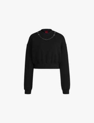 Chain-embellished cropped stretch cotton-blend sweatshirt by HUGO BOSS