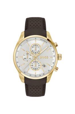 Gold-tone chronograph watch with perforated leather strap by HUGO BOSS