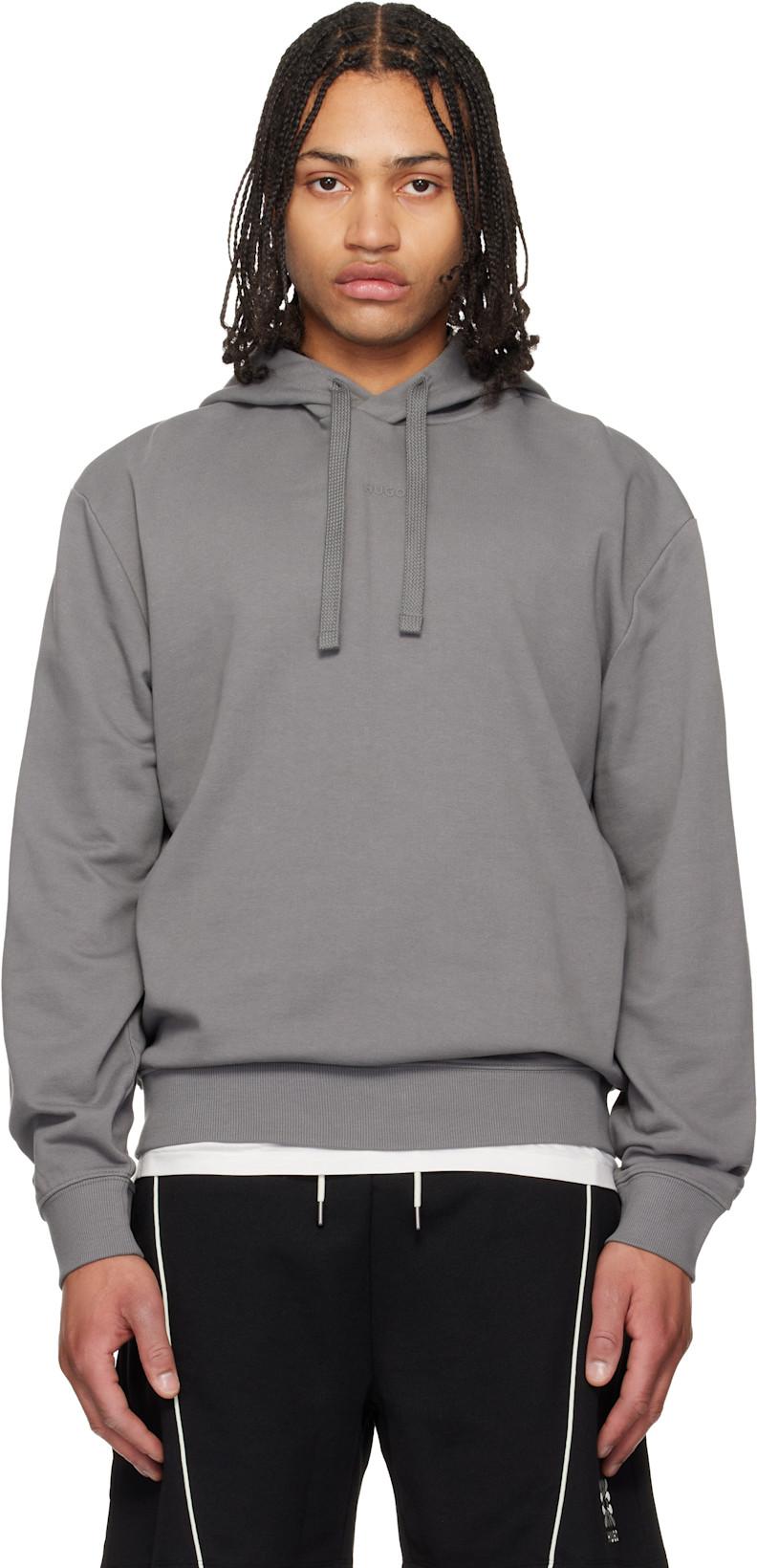 Gray Cotton Terry Contrast Logo Hoodie by HUGO BOSS