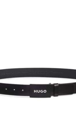 Leather belt with branded plaque buckle by HUGO BOSS
