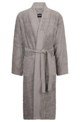 Logo-lapel grey dressing gown in long-fibre cotton by HUGO BOSS