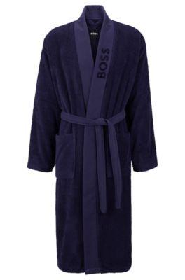 Logo-lapel grey dressing gown in long-fibre cotton by HUGO BOSS