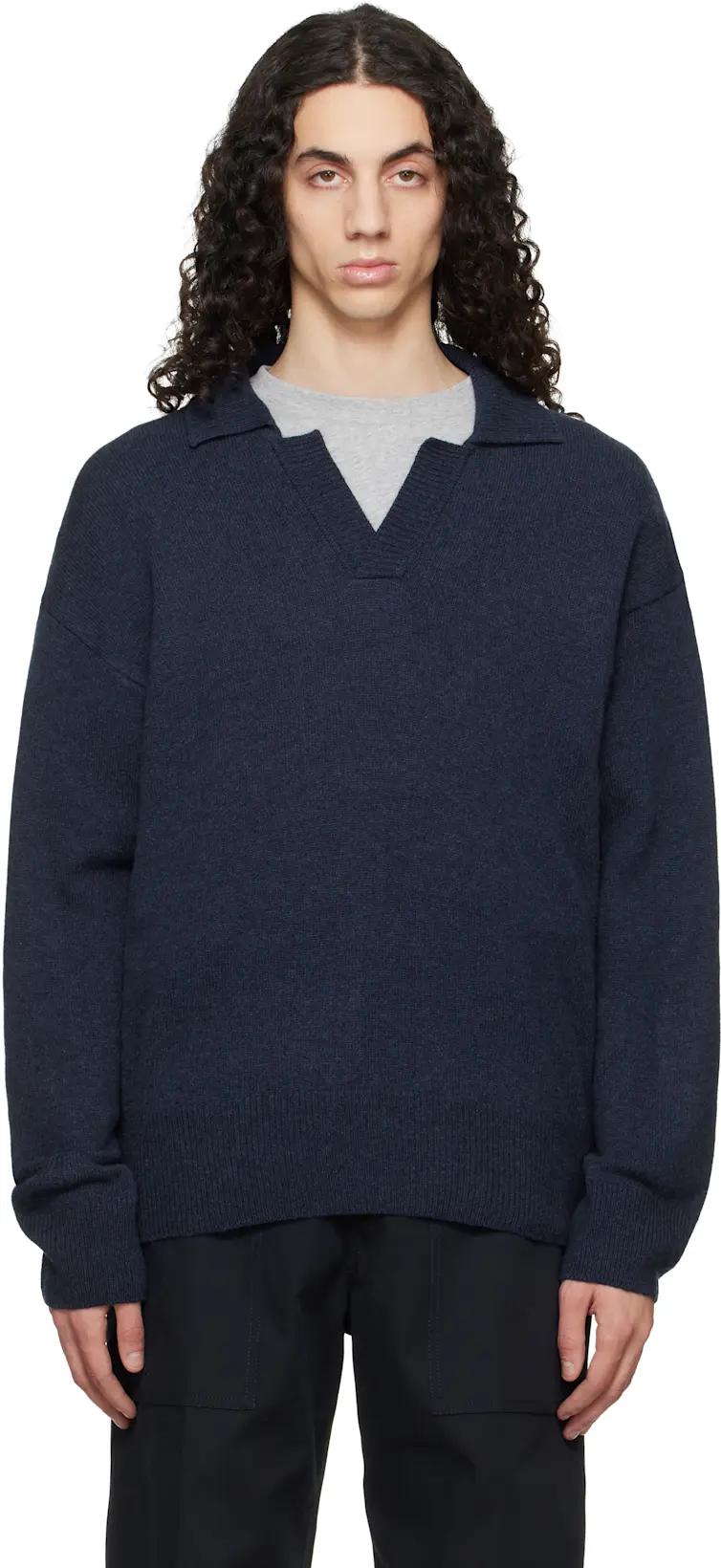 Navy Johnny-Collar Virgin Wool Polo by HUGO BOSS
