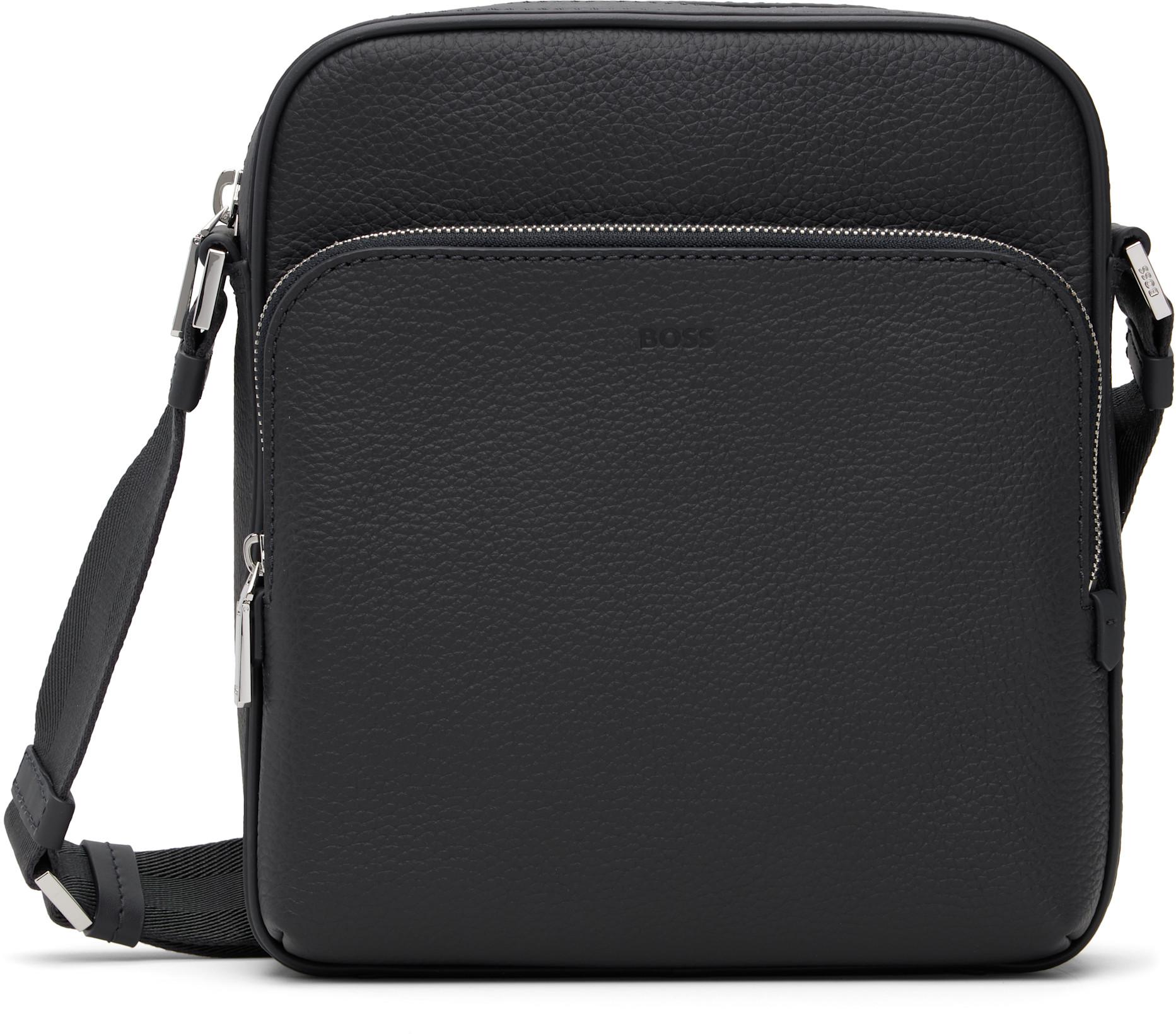 Navy Leather Logo-Embossed Messenger Bag by HUGO BOSS
