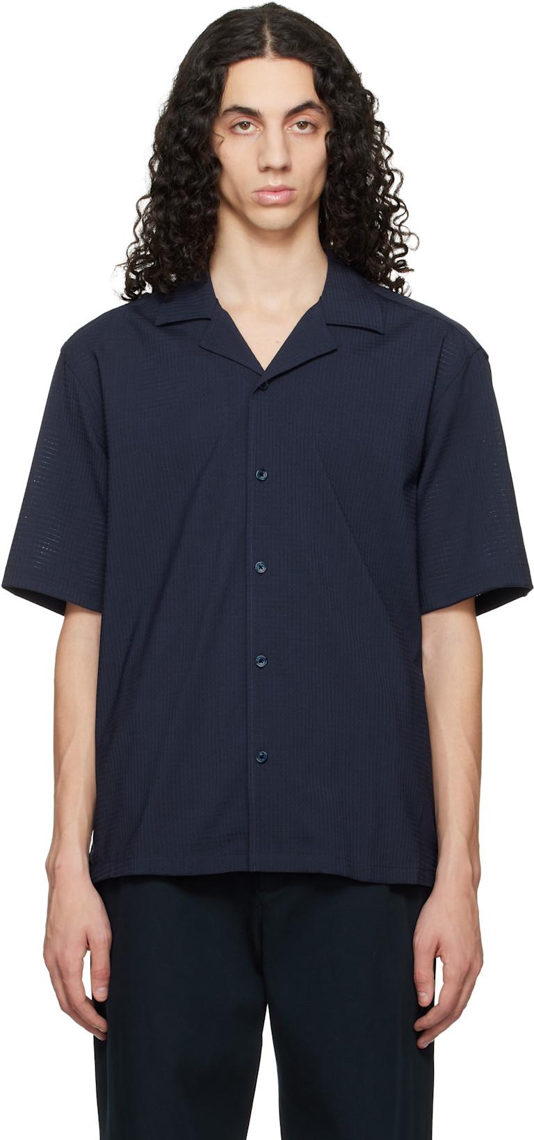 Navy Relaxed-Fit Wool-Blend Mesh Shirt by HUGO BOSS