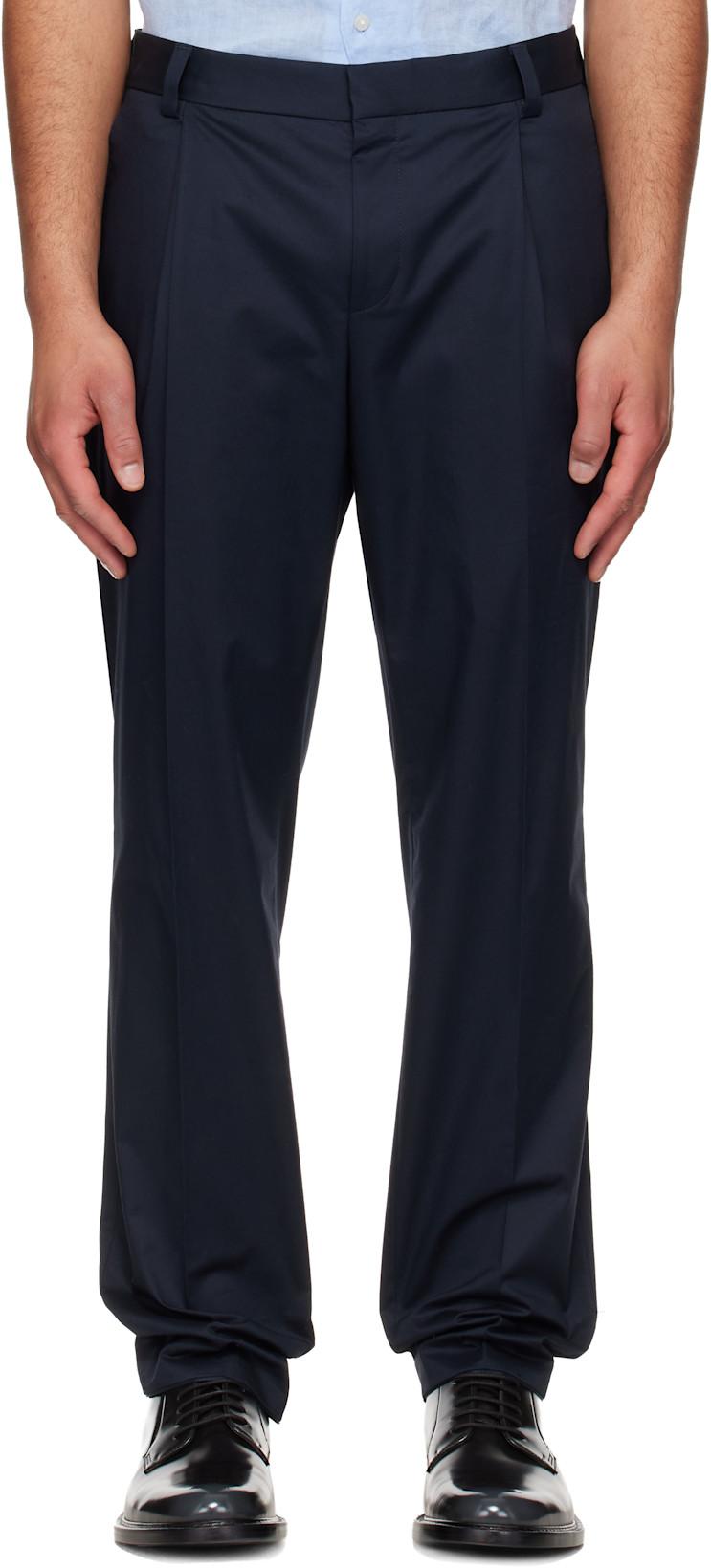 Navy Slim-Fit Paper-Touch Stretch Cotton Trousers by HUGO BOSS