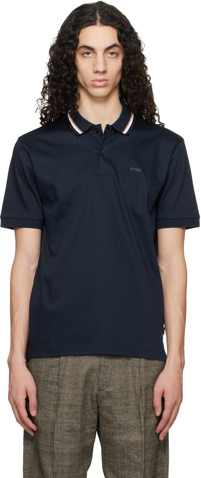 Navy Striped-Collar Slim-Fit Cotton Logo Polo by HUGO BOSS