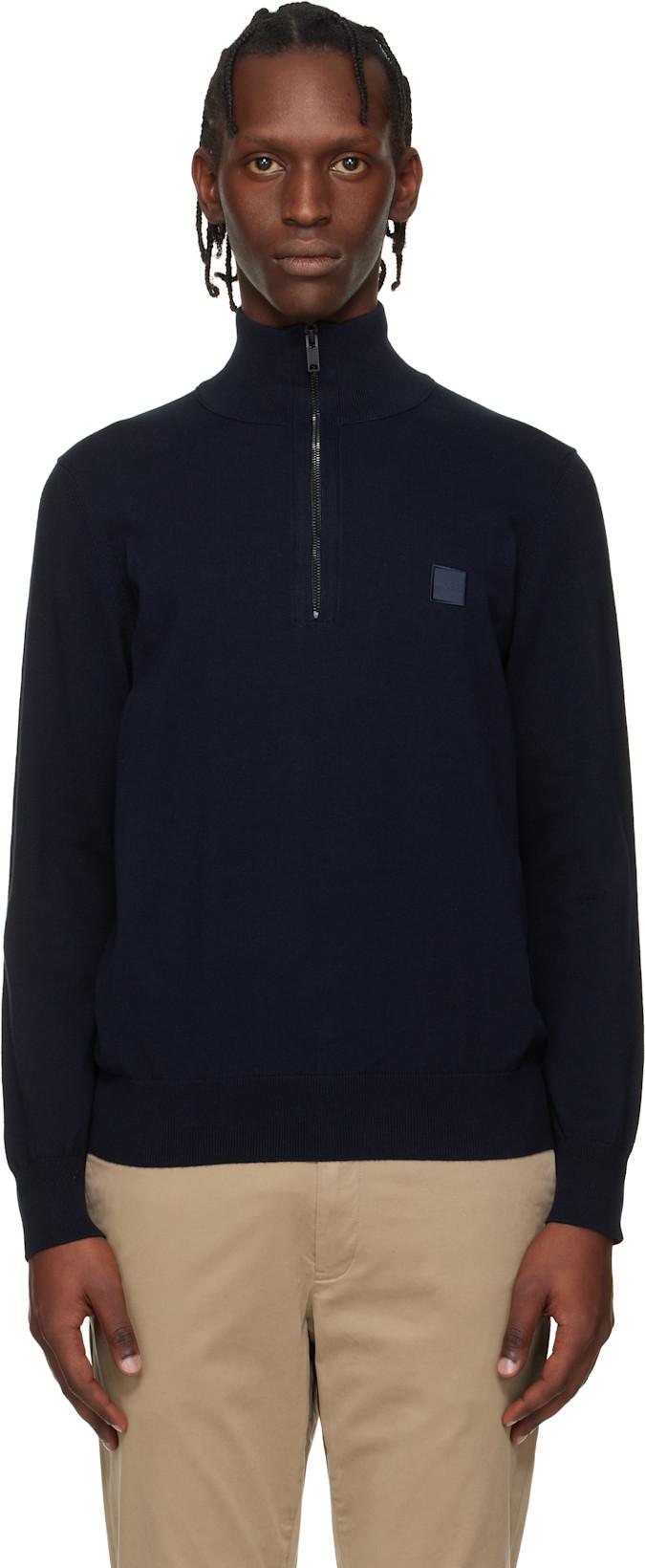 Navy Zip-Neck Cotton & Cashmere Sweater by HUGO BOSS