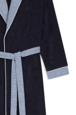 Navy cotton-velvet robe with textured trim by HUGO BOSS