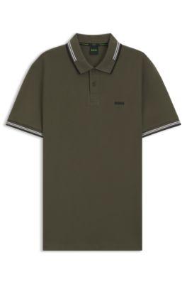 Stretch-cotton slim-fit polo shirt with branding and stripes by HUGO BOSS