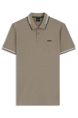 Stretch-cotton slim-fit polo shirt with branding and stripes by HUGO BOSS