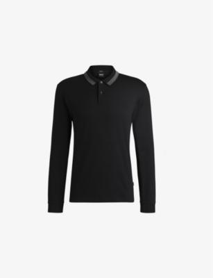 Striped-trim long-sleeved cotton-jersey polo shirt by HUGO BOSS