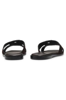 Suede slides with stitched Double B monogram by HUGO BOSS