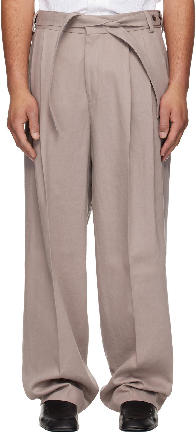 Taupe Fashion-Fit Front Pleat Belt Detail Trousers by HUGO BOSS