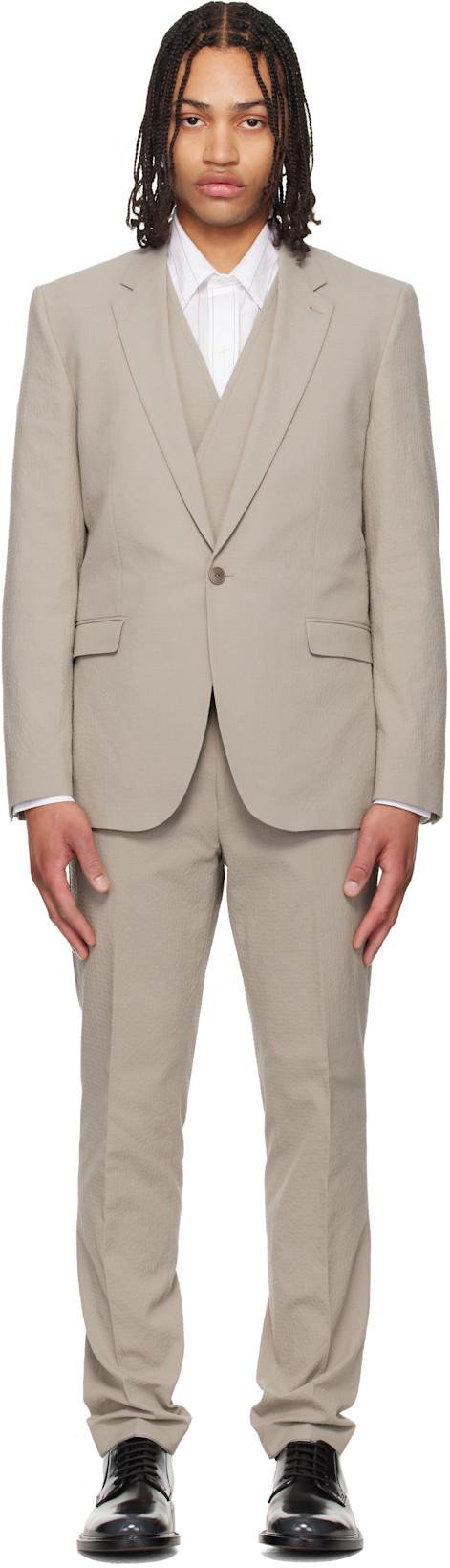 Taupe Three-Piece Extra-Slim-Fit Stretch-Cotton Seersucker Suit by HUGO BOSS