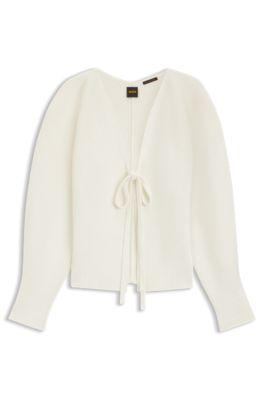 Tie-front rib-knit cardigan with balloon sleeves by HUGO BOSS
