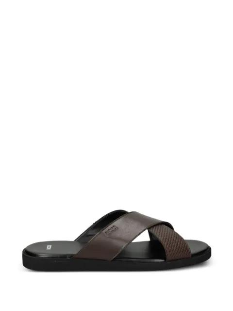 faux-leather slides with plain and patterned straps by HUGO BOSS