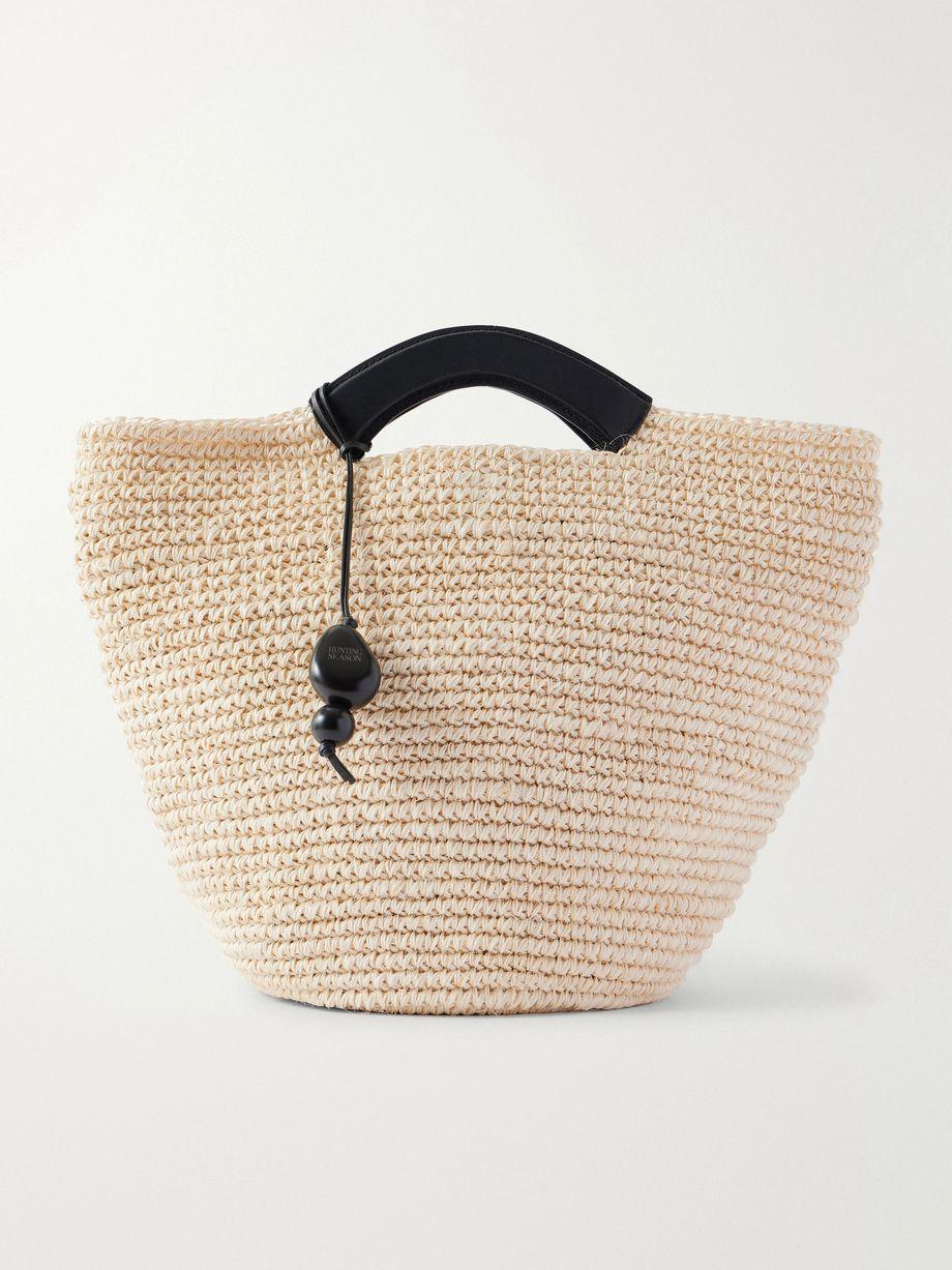 Shopper large leather-trimmed woven raffia tote by HUNTING SEASON