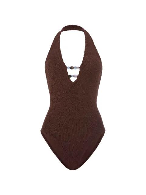Adriana beaded crinkle-effect swimsuit by HUNZA G