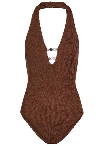 Adriana beaded crinkle swimsuit by HUNZA G