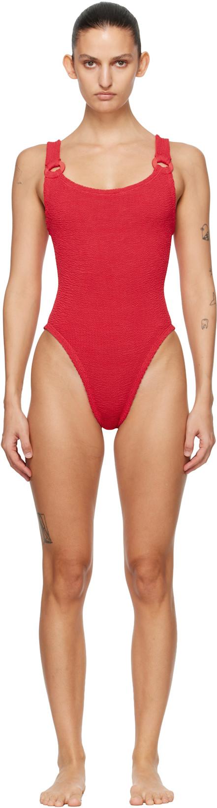 Red Tonal Hoops Domino Swimsuit by HUNZA G