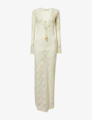 Long-Sleeve Semi-Sheer Lace Maxi Dress by HYPHEN