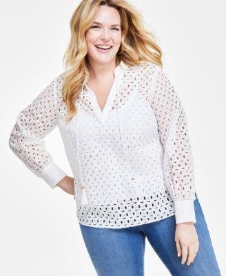 Plus Size Eyelet Tie-Neck Blouse by I.N.C. INTERNATIONAL CONCEPTS