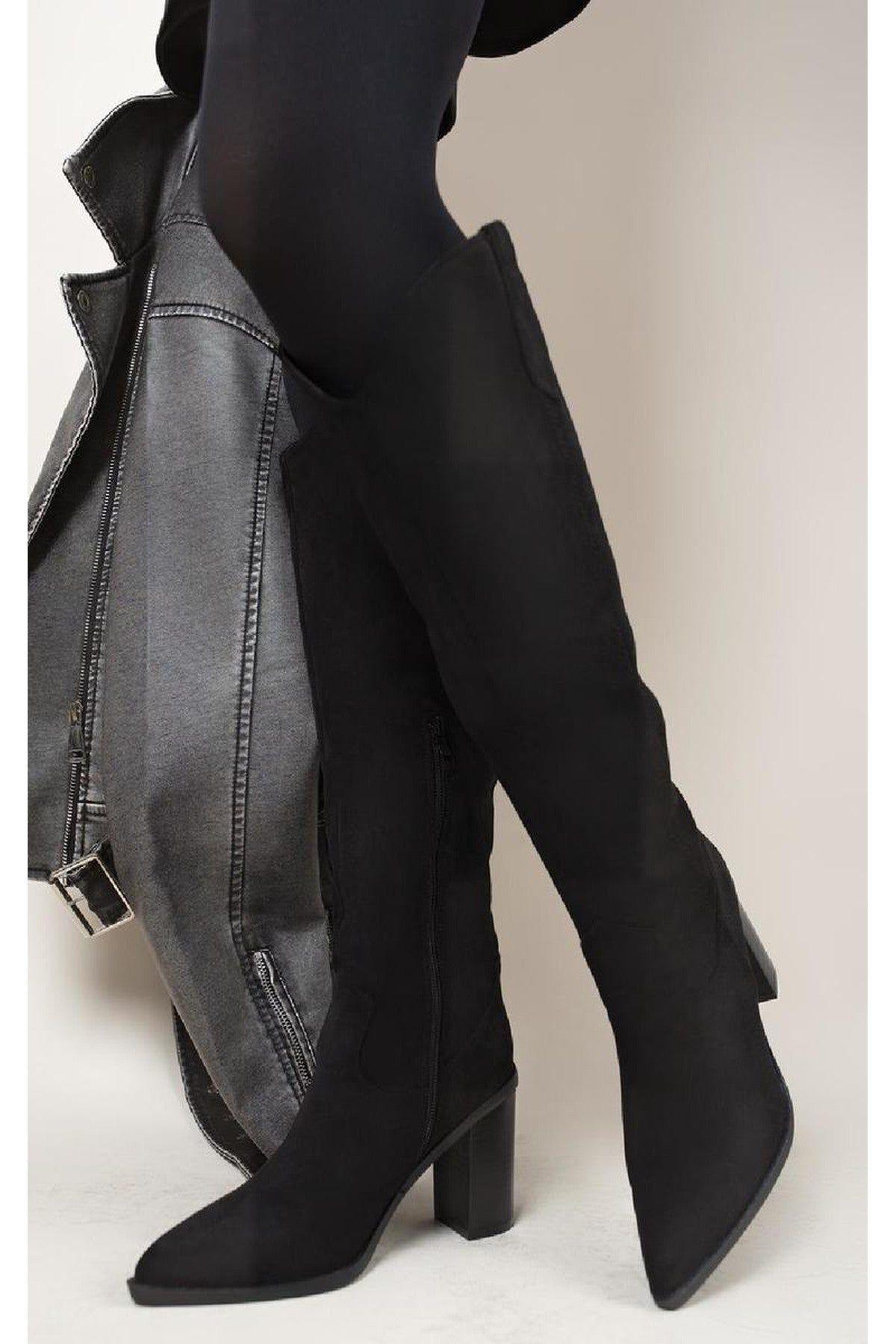 Aletta Pointed Toe Block Heel Knee High Boots by IKRUSH
