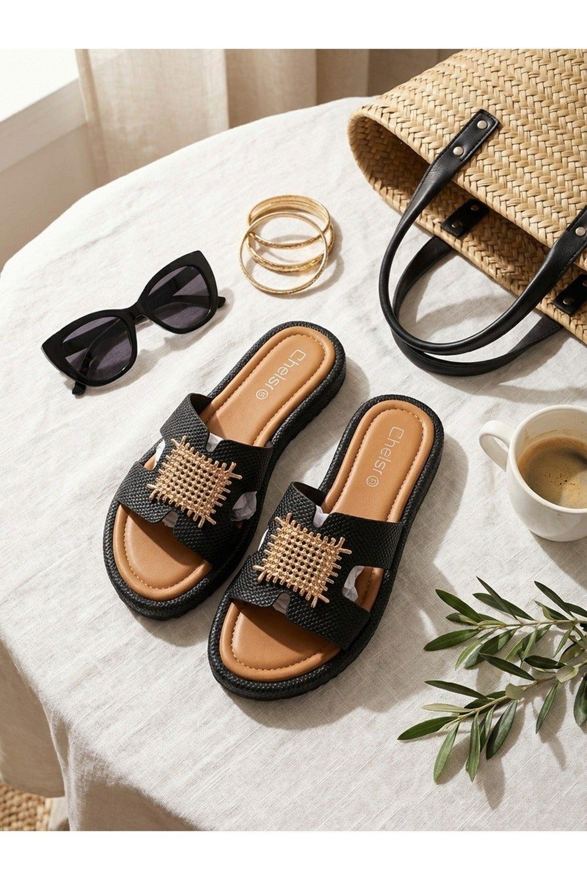 Amber Gold Woven Buckle Slides by IKRUSH