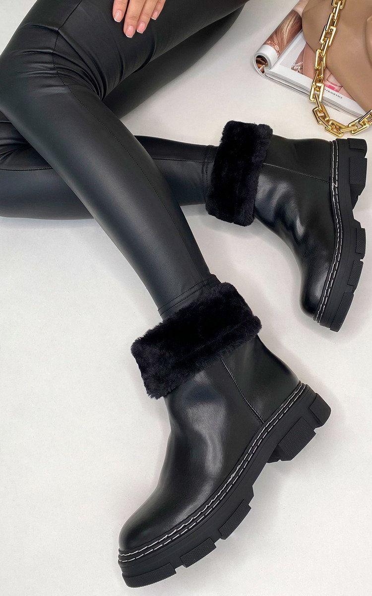 Cassie Faux Leather Fluffy Bow Ankle Boots by IKRUSH