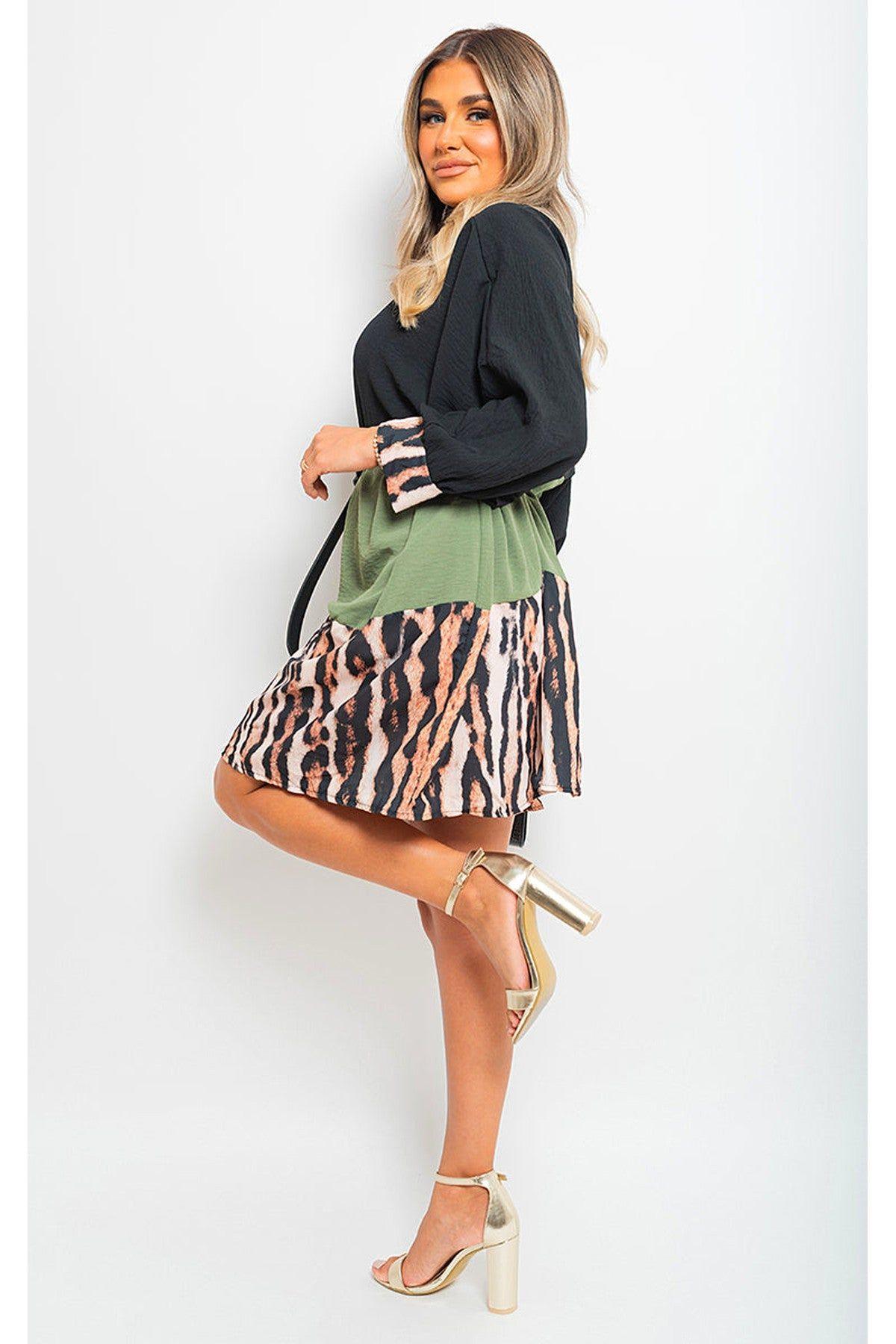 Clare Long Sleeve Leopard Trim Print Oversized Mini Dress by IKRUSH