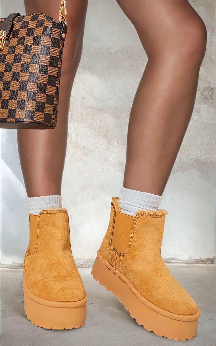 Edith Fluffy Platform Sole Chelsea Faux Fur Lined Ankle Boots by IKRUSH