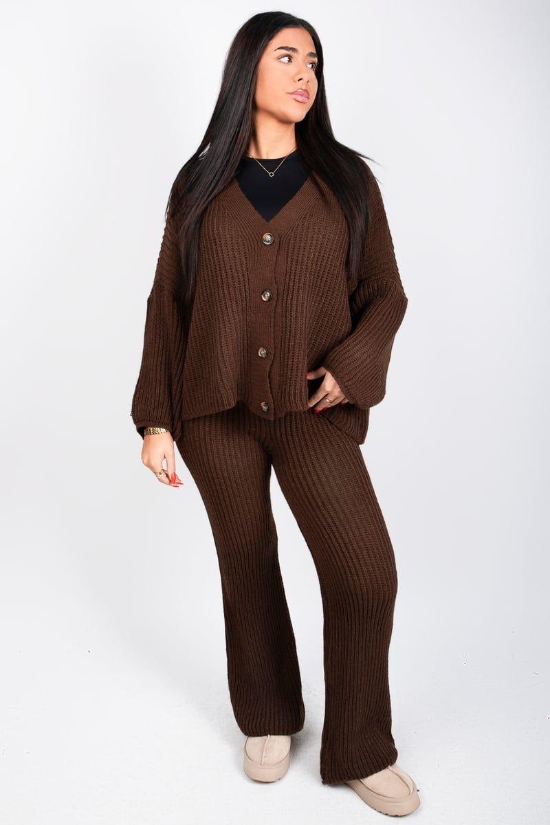 Emma Chunky Knitted Button Up Cardigan Wide Leg Trousers Co-ord Set by IKRUSH