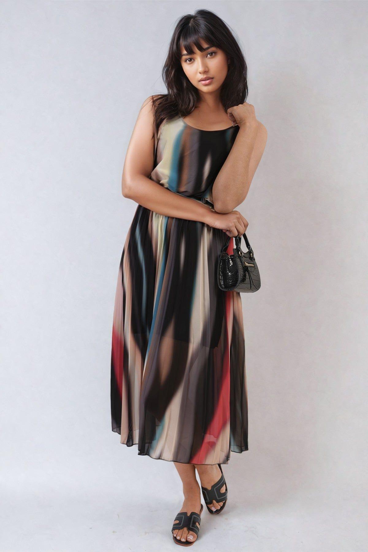 Ezra Multi Colored Print Pleated Strappy Midi Dress by IKRUSH Ezra Multi Colored Print Pleated Strappy Midi Dress by IKRUSH
