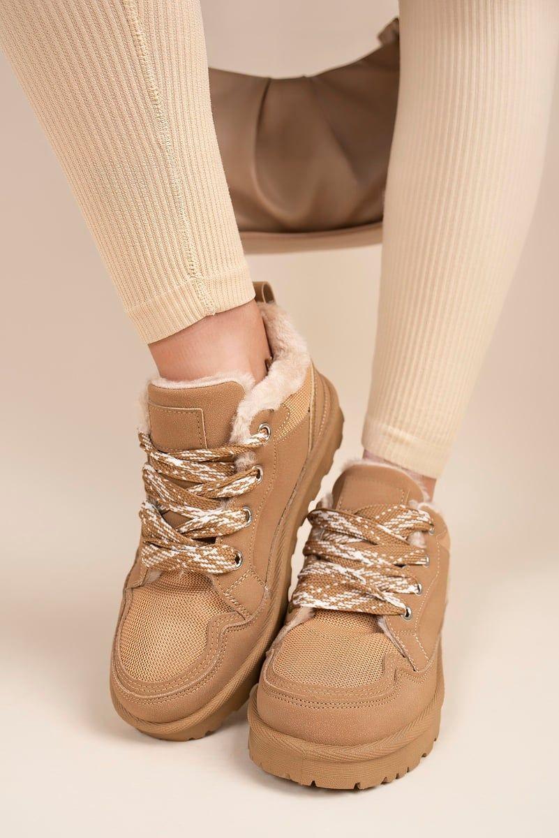 Leiza Chunky Lace Up Faux Fur Trainers by IKRUSH