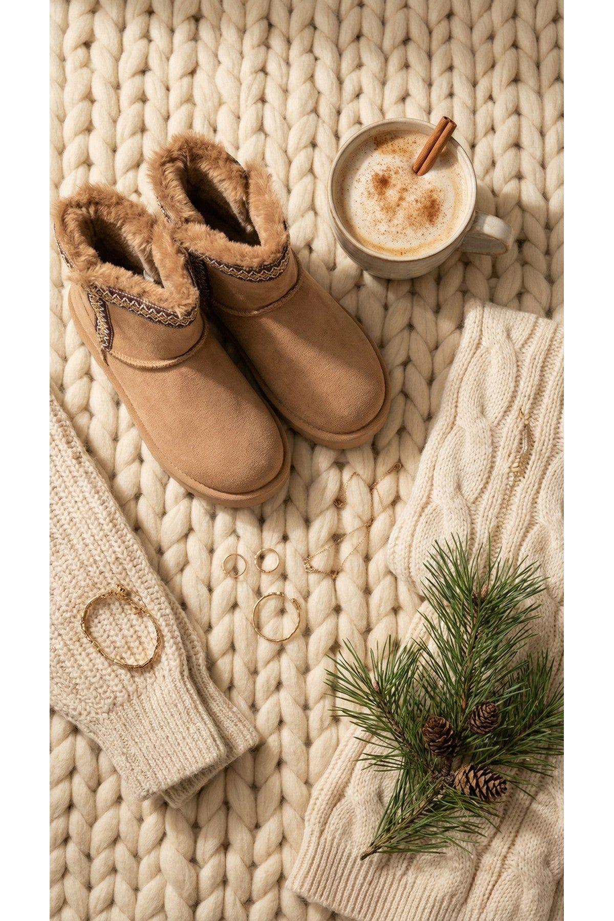 Malira Faux Suede Fluffy Lined Ankle Boots With Stitch Trim by IKRUSH