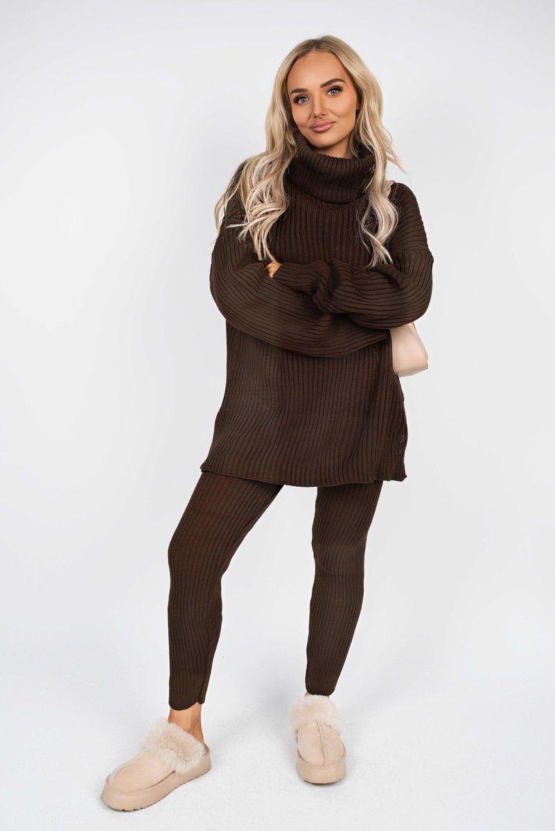 Mila Chunky Knitted High Roll Neck Top Bottom Co-ord Set by IKRUSH