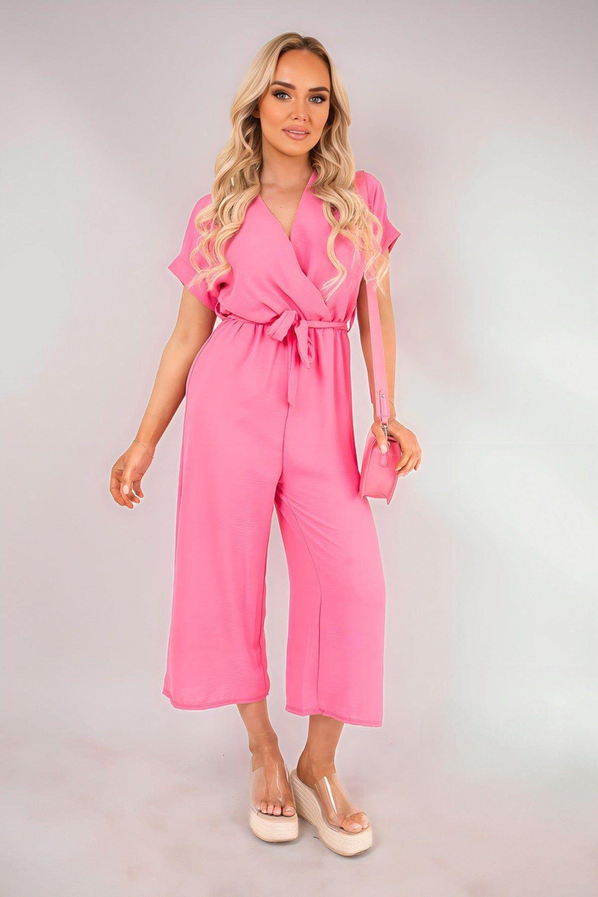 Nerina Wrap Short Sleeve Wide Leg Jumpsuit With Tie Waist by IKRUSH