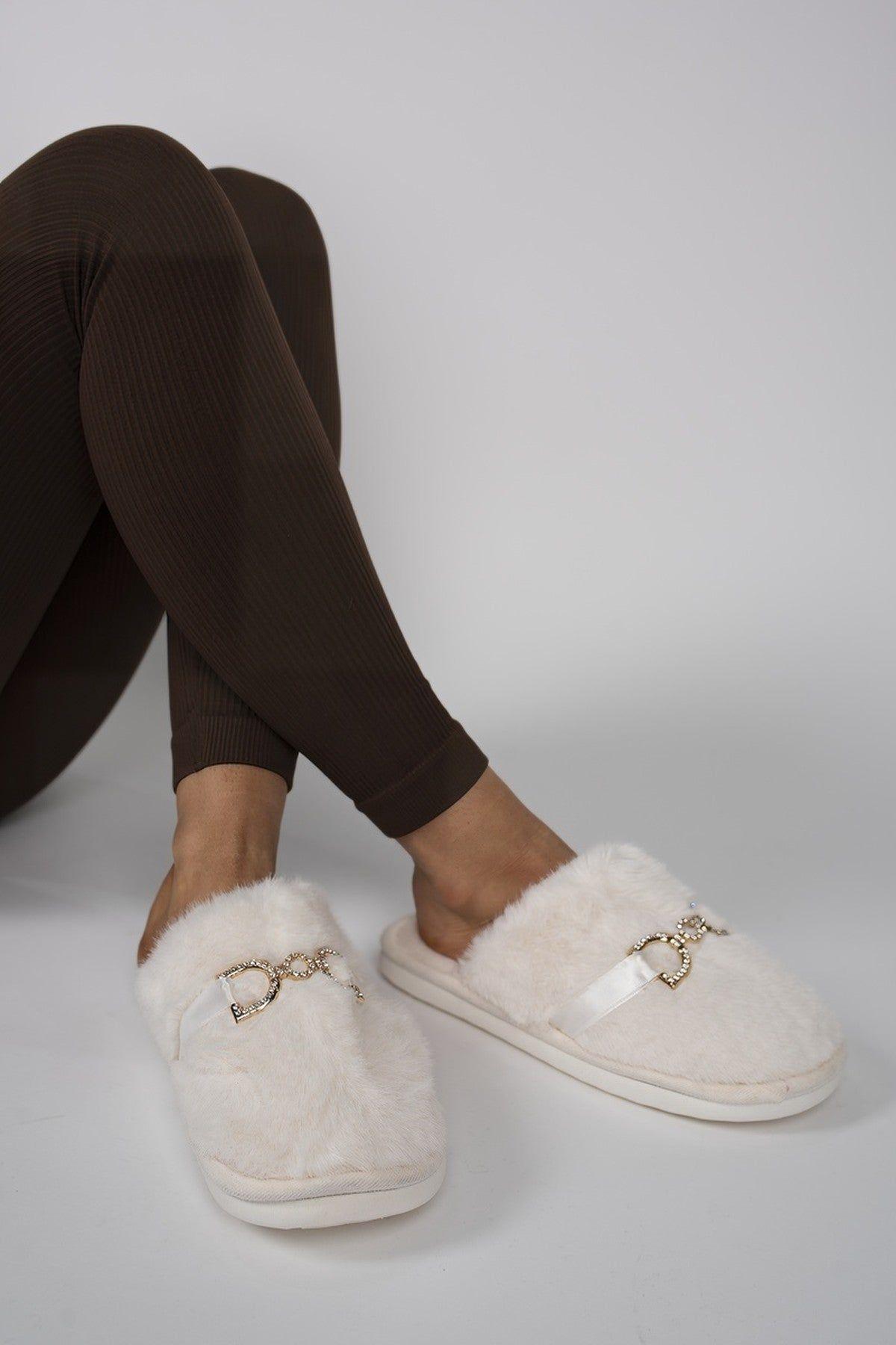 Noelia Faux Fur Slip-on Slippers With Gold Chain Detail by IKRUSH